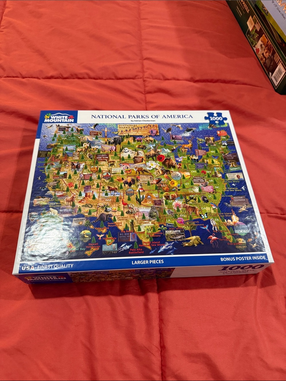 White Mountain 1000-Piece Puzzle Box in Blue and White with Red Accent